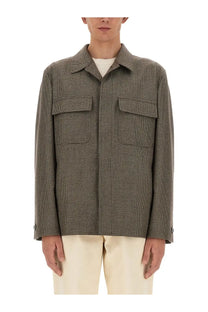 Lardini men’s shirt jacket olive green wool with herringbone pattern two chest pockets and buttoned cuffs