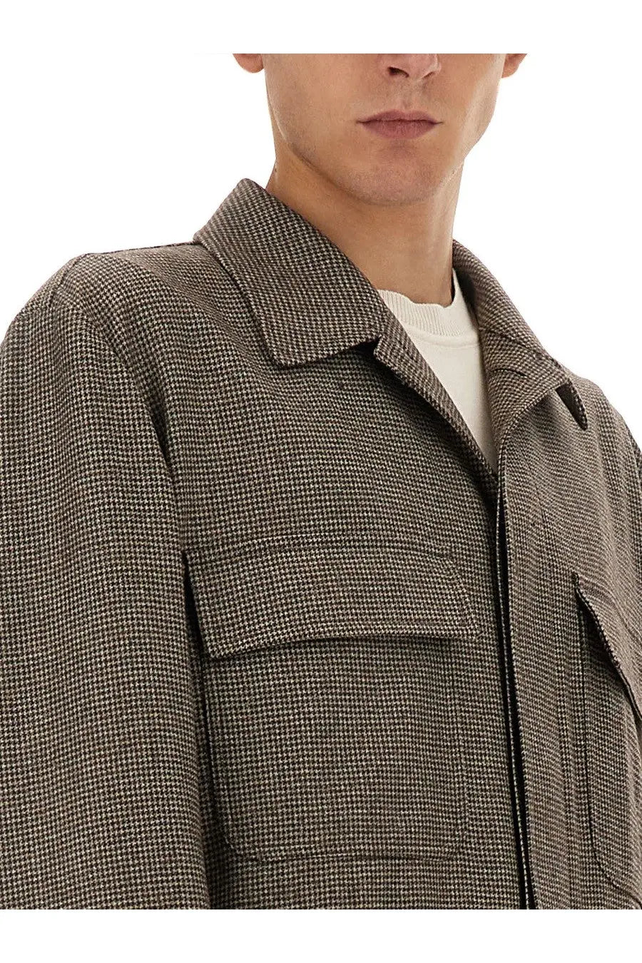 Lardini men’s brown textured houndstooth wool shirt jacket with structured collar and flap pockets