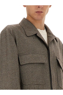 Lardini men’s brown textured houndstooth wool shirt jacket with structured collar and flap pockets