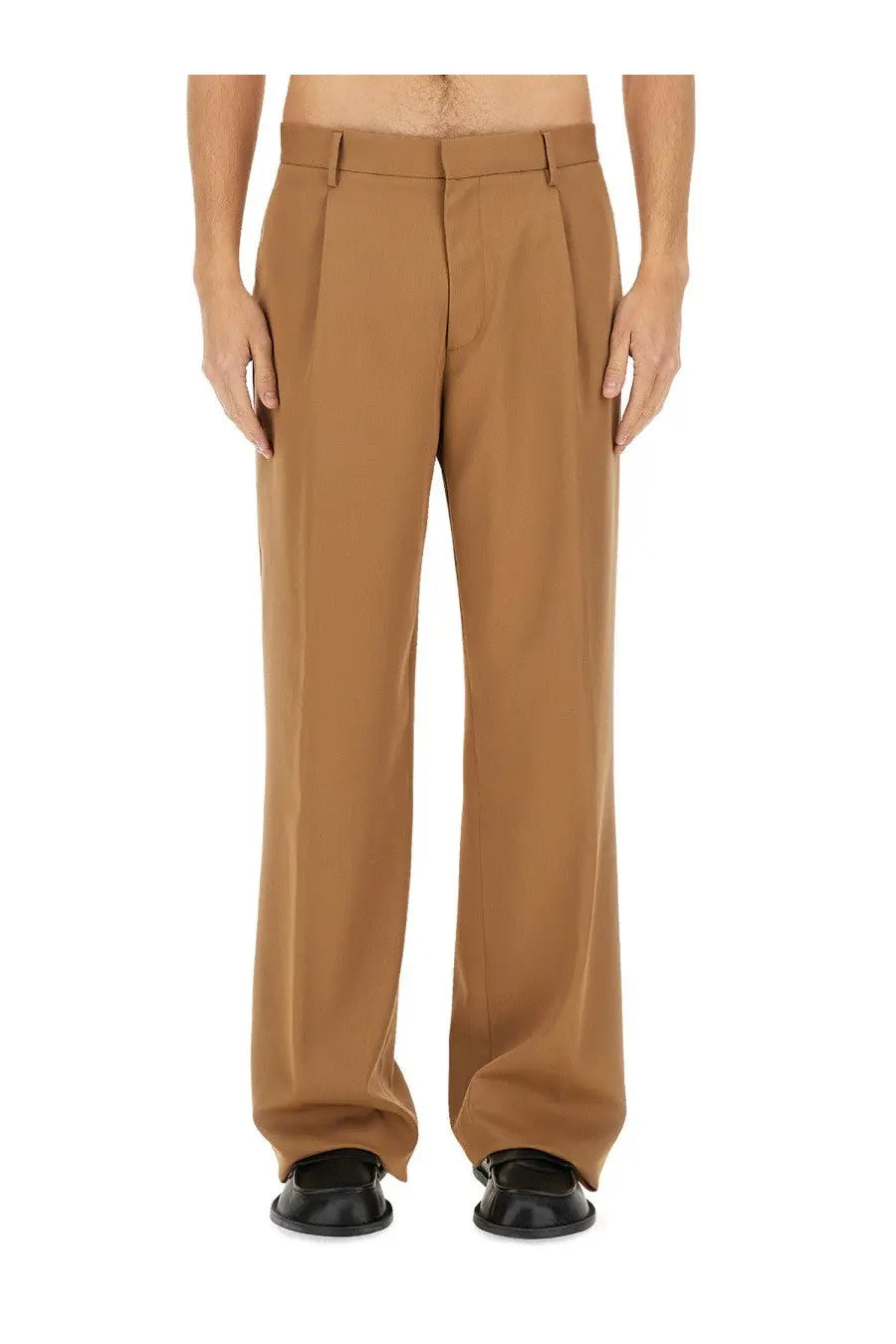 Tan Lardini men’s wool pants with pleated straight-leg cut and belt loops in beige color