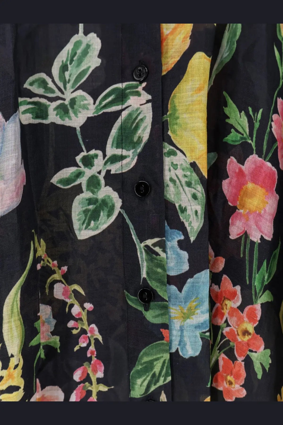 Lavi women’s Afrodite ramie shirt beige with black floral button-up design featuring pink blue and orange flowers