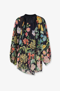 Black floral print blouse with long puffy sleeves and gathered neckline from lavi women’s afrodite ramie shirt beige collection