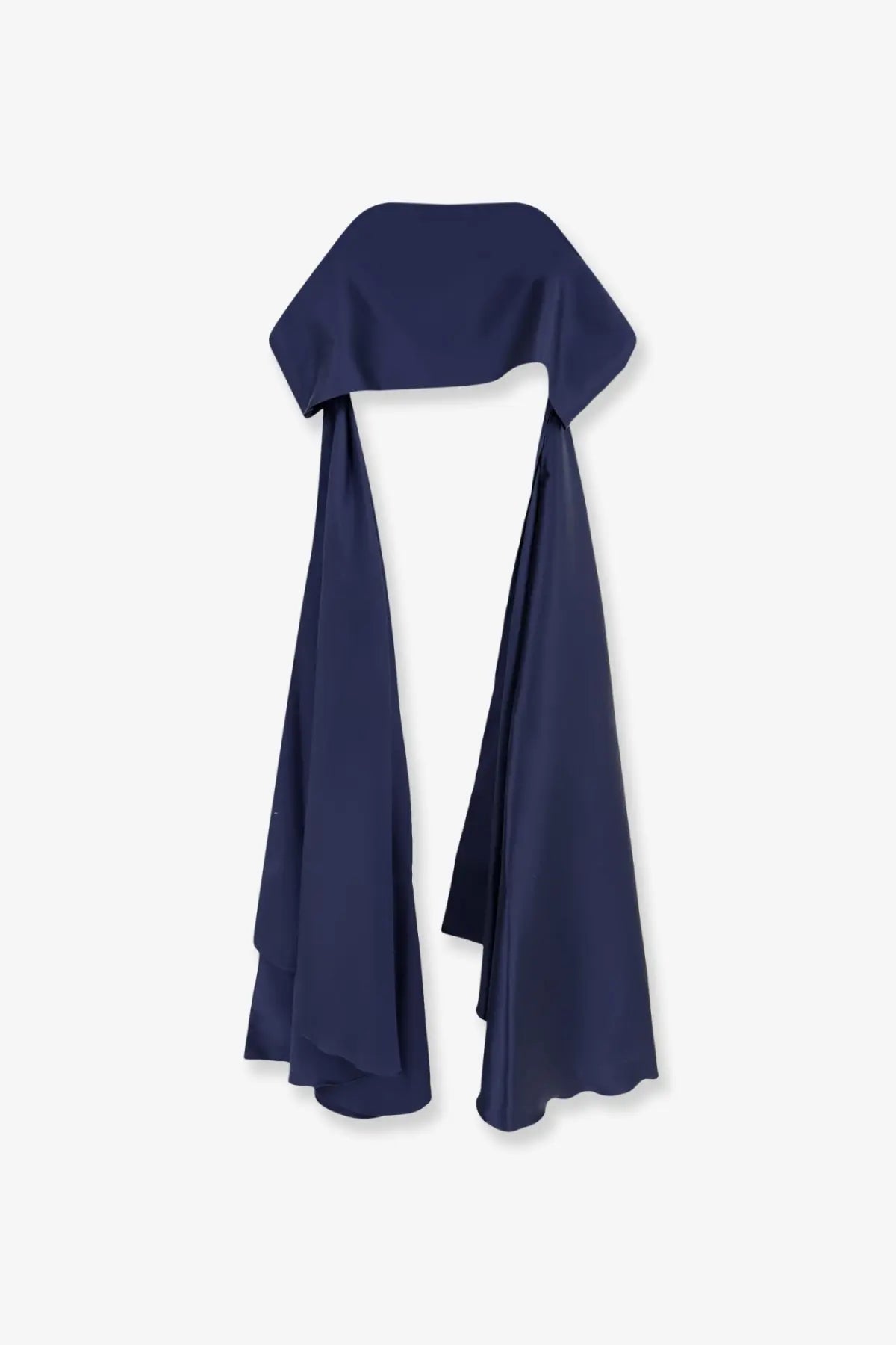 A navy blue satin scarf with a wide softly draped collar and long flowing ends from lavi womens beverello satin stole notte