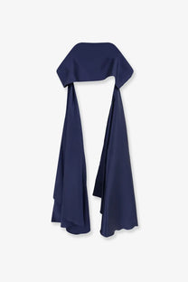 A navy blue satin scarf with a wide softly draped collar and long flowing ends from lavi womens beverello satin stole notte