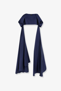 Lavi womens Beverello satin stole notte navy blue off the shoulder top with draped flowing sleeves in satin