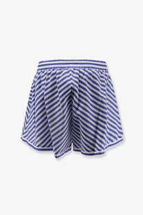 Lavi women’s lory cotton blend shorts in blue featuring purple and white diagonal stripes with elastic waistband