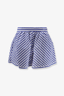 Lavi women’s lory blue cotton blend shorts with purple and white diagonal stripes and stretchy elastic waistband