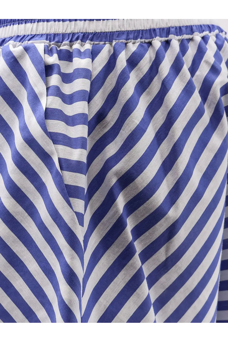 Lavi women’s lory cotton blend shorts in blue and white diagonal stripes with elastic waistband
