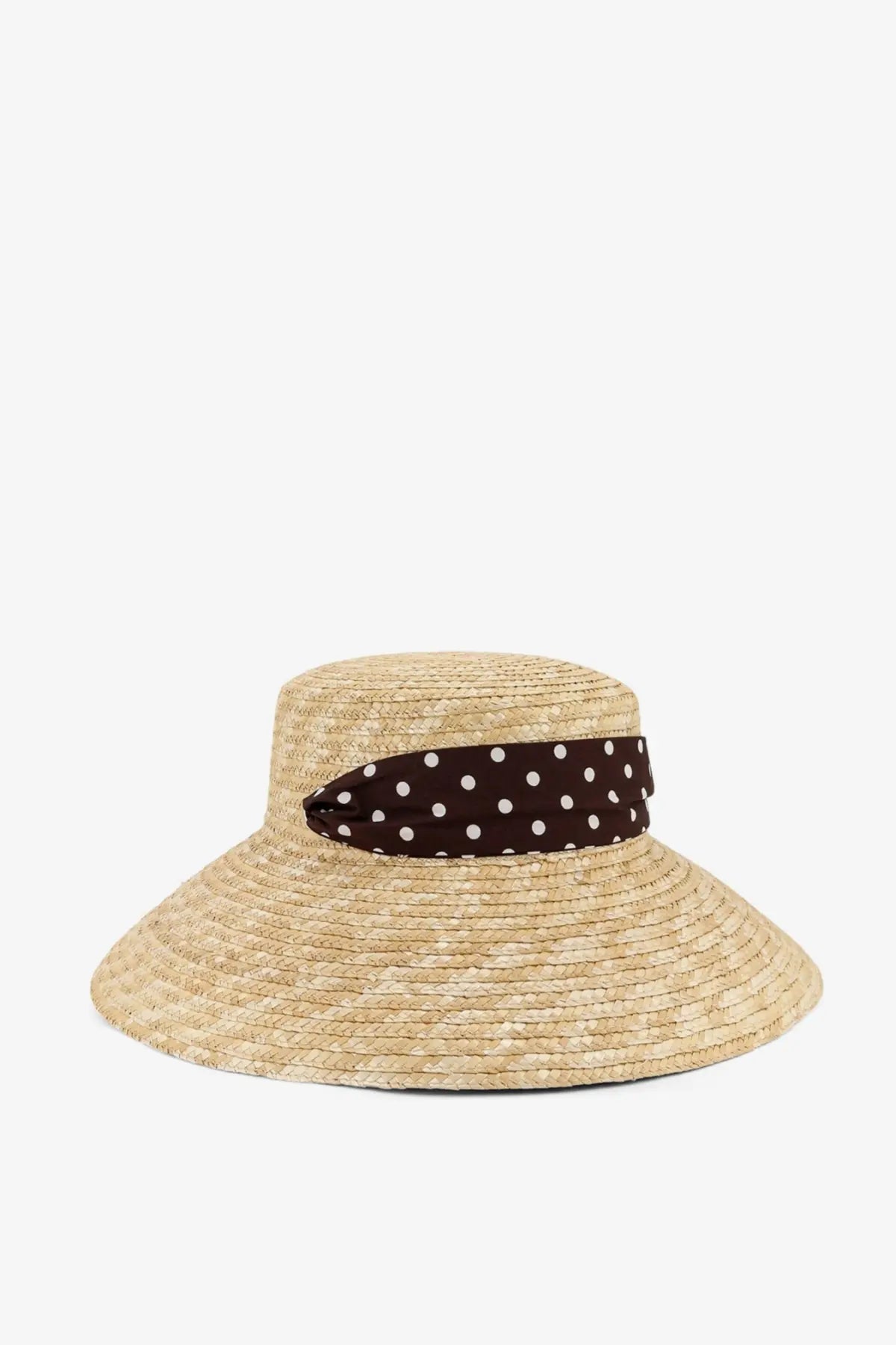 Beige raffia sun hat with brown polka dot ribbon band from lavi womens madeleine collection white color