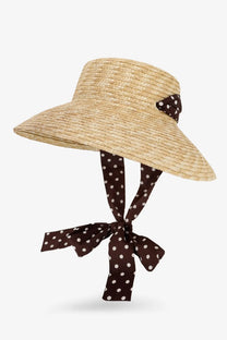 Lavi women’s madeleine raffia hat white with wide brim straw sun hat and brown polka dot ribbon under crown