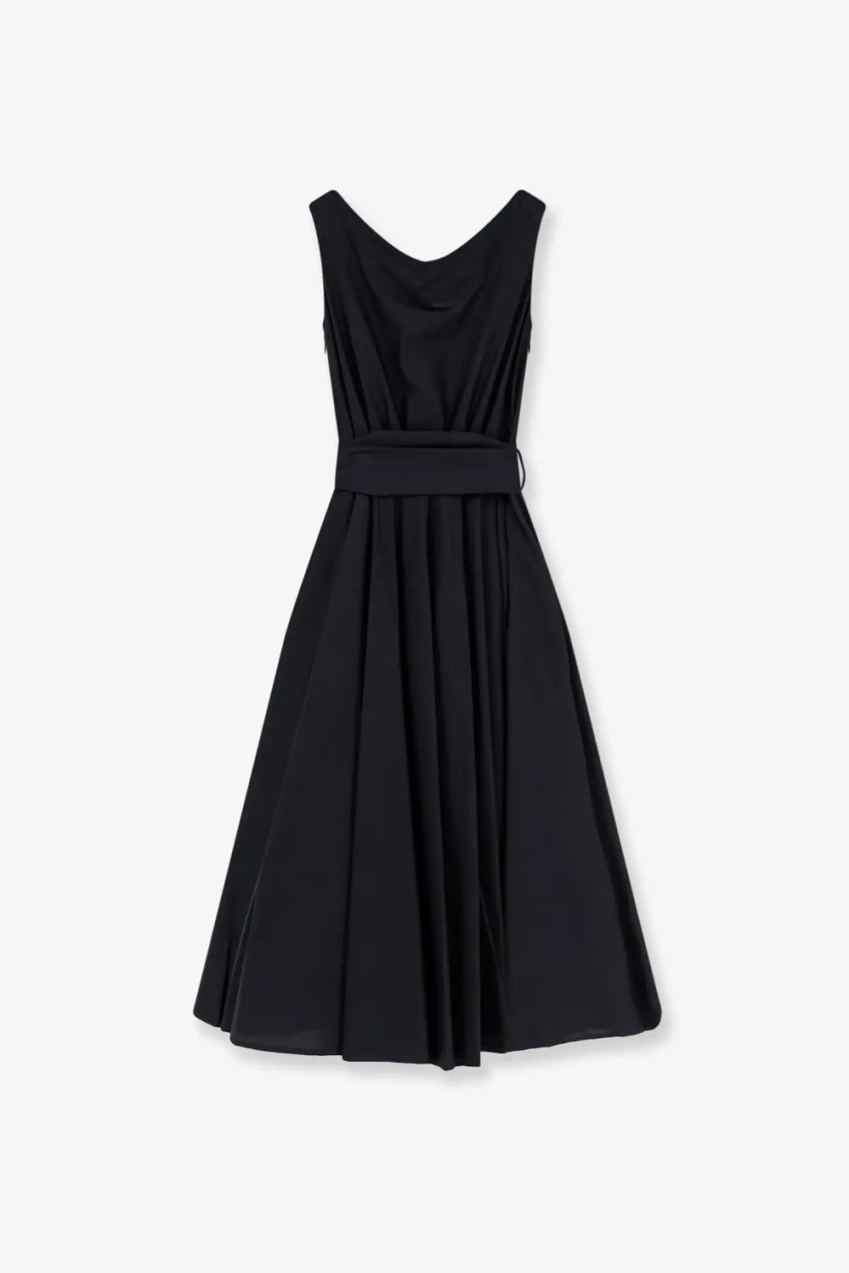 Black sleeveless cotton a-line dress with fitted waistband and pleated skirt from Lavi womens mambo collection