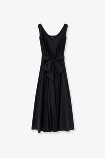 Black sleeveless cotton midi dress with fitted waist tied in a bow by lavi womens mambo collection