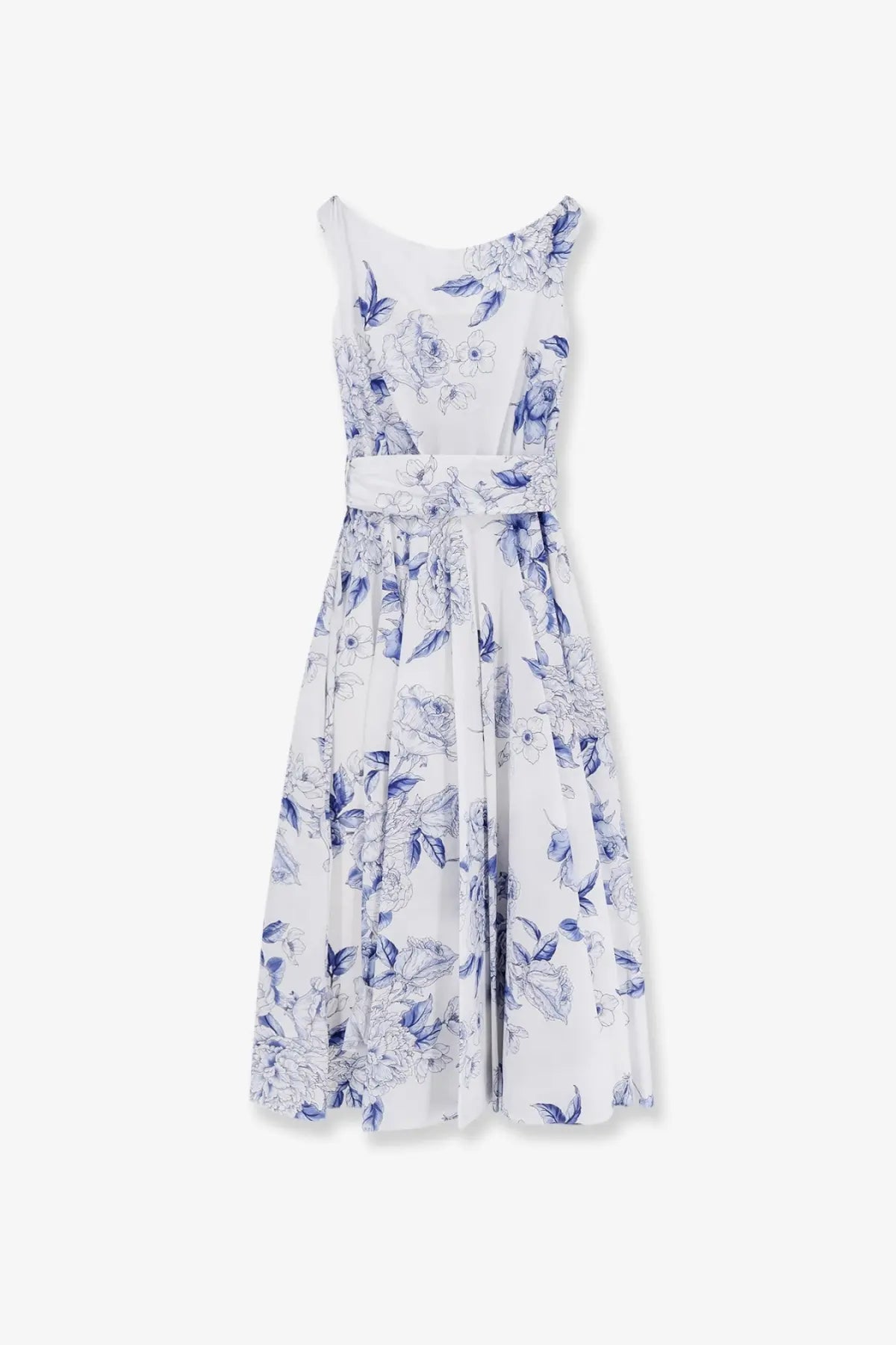 White sleeveless cotton dress with blue floral pattern and matching belt by lavi womens mambo cotton dress blue