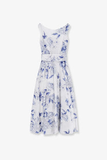 White sleeveless cotton dress with blue floral pattern and matching belt by lavi womens mambo cotton dress blue