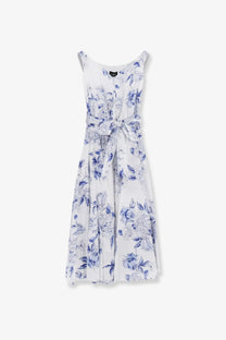 Lavi womens mambo cotton dress blue featuring a white sleeveless design with blue floral pattern and matching belt