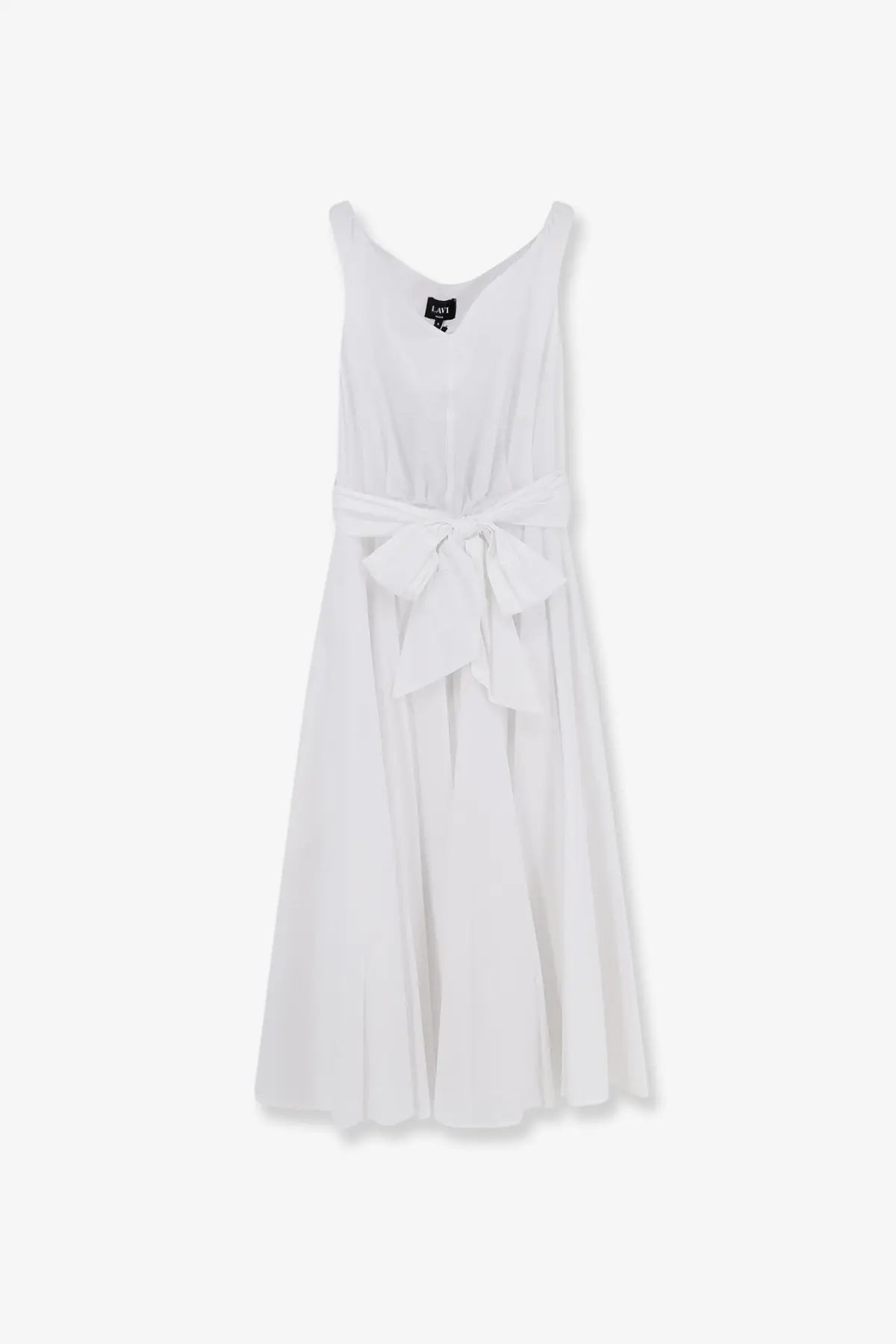 Lavi women’s mambo cotton dress white sleeveless with flowing skirt and fabric bow tied at the waist
