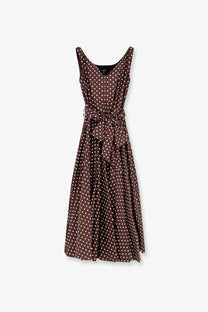 Brown polka-dot sleeveless cotton dress with tied waistband by lavi womens mambo polka dots collection white model