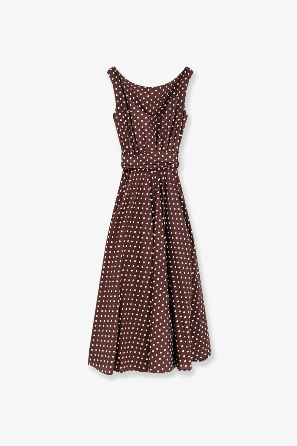 A brown sleeveless cotton dress with white polka dots and a cinched waist belt from lavi womens mambo collection