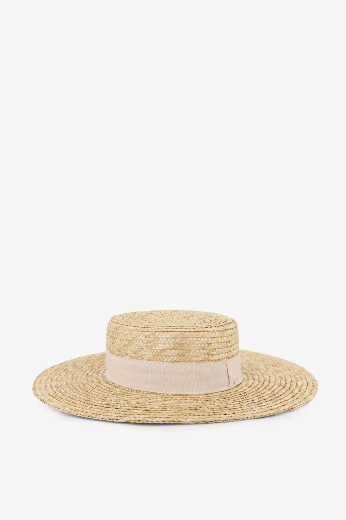 Beige Lavi women’s Messico raffia boater hat with wide brim and matching ribbon band in white