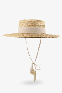 Beige straw sun hat with wide brim ribbed ribbon band and tassel ties in lavi womens messico raffia hat white style