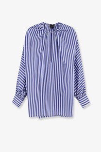 Lavi women’s nenné cotton blend shirt in blue with lavender and white vertical stripes, gathered neckline, and elastic cuffs