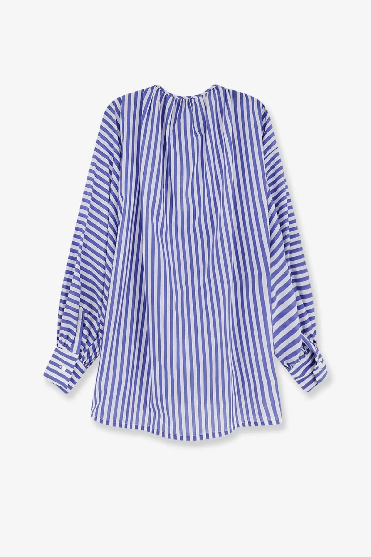 A loose-fitting long-sleeved blouse with blue and white vertical stripes in cotton blend by Lavi Women