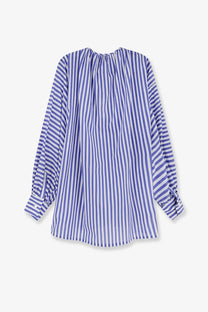 A loose-fitting long-sleeved blouse with blue and white vertical stripes in cotton blend by Lavi Women