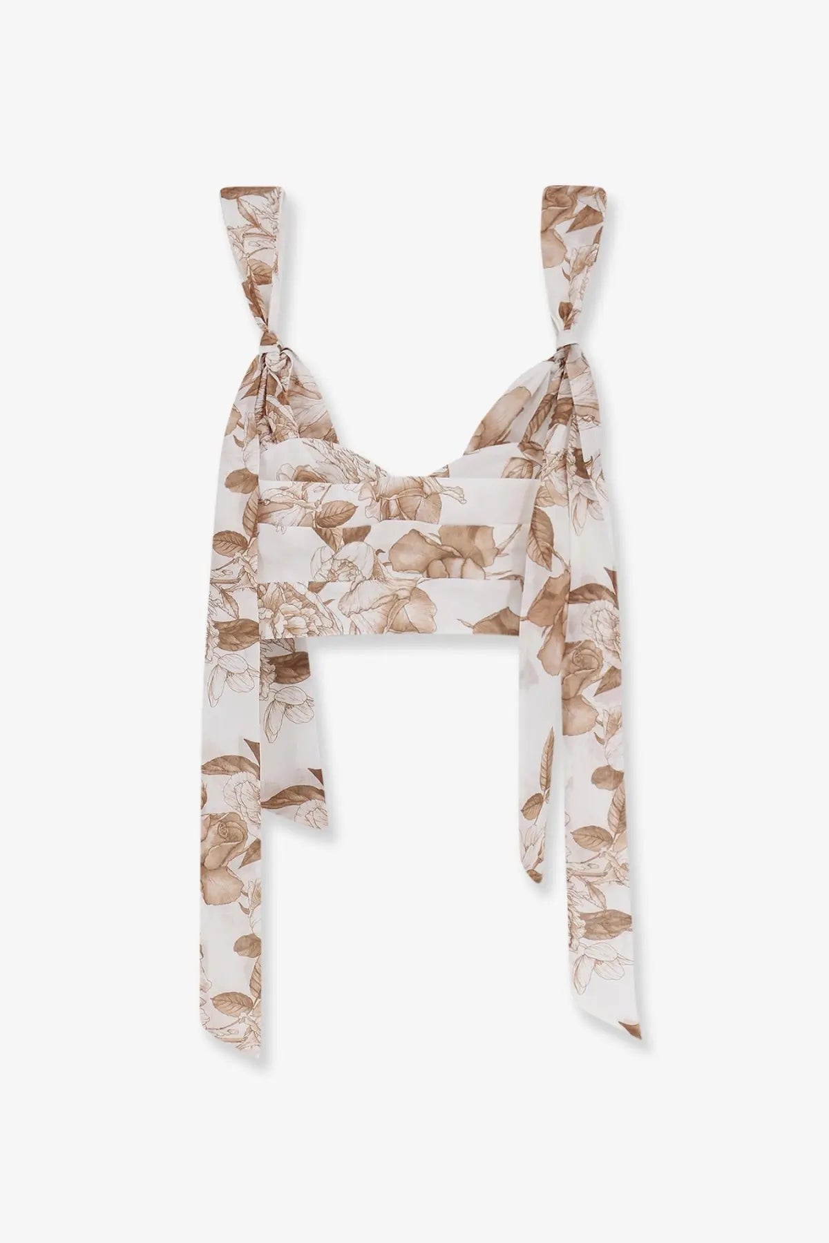 Lavi women’s Seraphina cotton sheer white crop top with soft brown floral pattern and tied shoulder straps