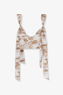 Lavi women’s Seraphina cotton sheer white crop top with soft brown floral pattern and tied shoulder straps