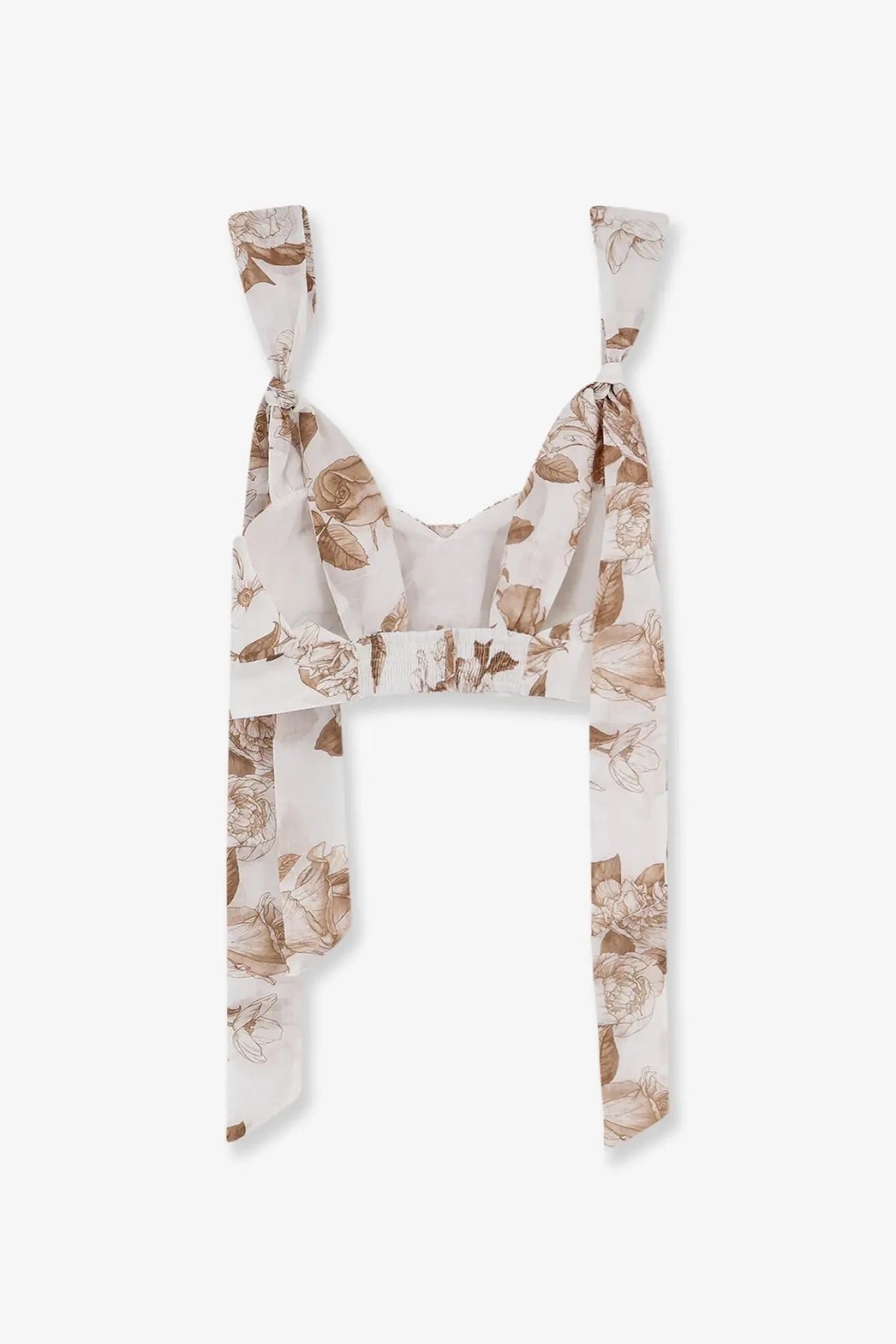 Lavi women’s Seraphina cotton crop top beige with floral pattern tied shoulder straps and ruffled waistband