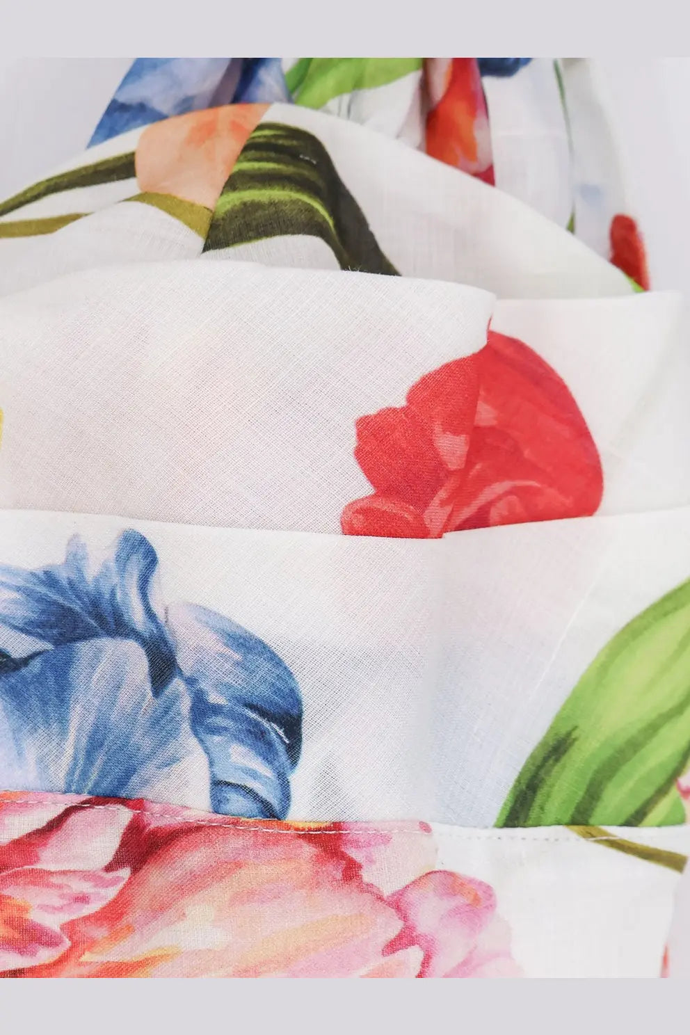 Lavi womens Seraphina cotton top beige with white fabric and vibrant red blue green floral print