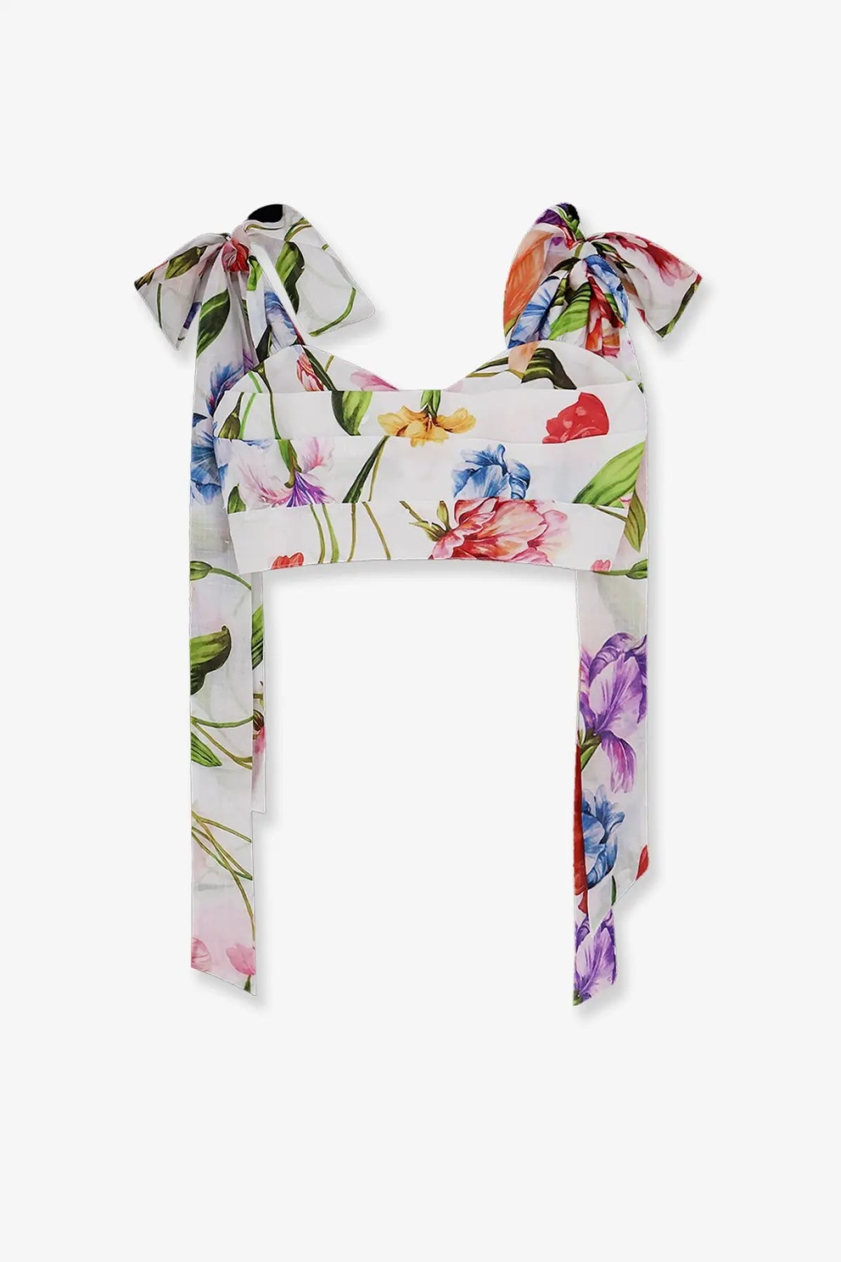 Lavi women’s Seraphina cotton top beige floral crop top with colorful tie straps and delicate flowing fabric