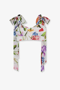 Lavi women’s Seraphina cotton top beige floral crop top with colorful tie straps and delicate flowing fabric
