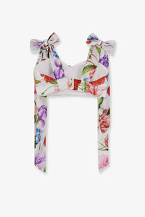 Lavi women’s Seraphina beige cotton crop top with white floral print tied shoulder bows and long flowing ties