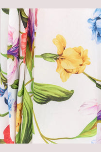 Lavi women’s spritz chemisier cotton dress beige with vibrant floral print in yellow pink purple and blue on white background