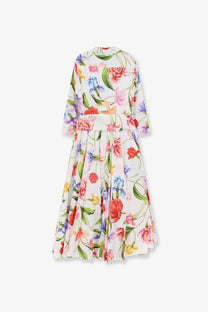 A flowing white cotton midi dress with vibrant multicolored floral pattern by Lavi womens spritz beige
