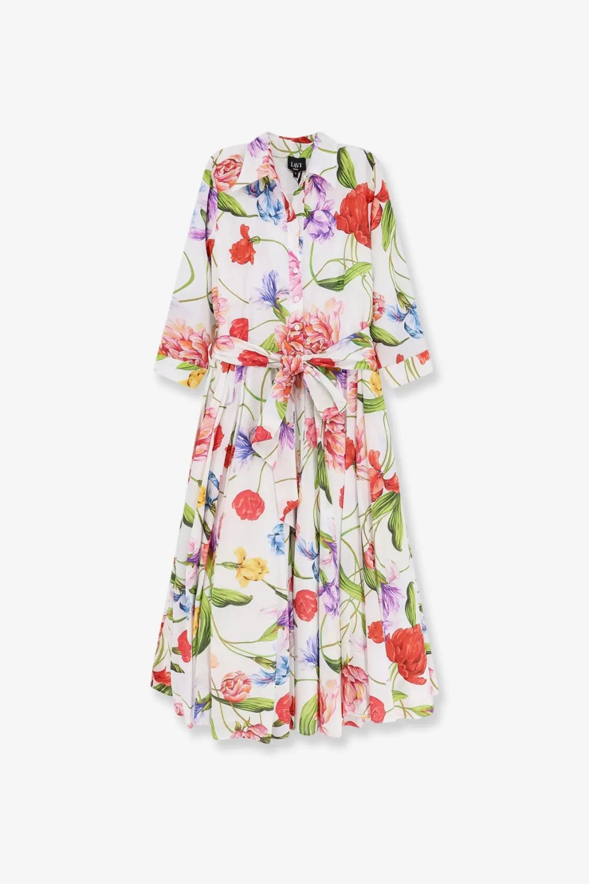 Lavi women’s spritz chemisier cotton dress beige with white base and vibrant red pink blue yellow floral print