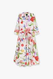 Lavi women’s spritz chemisier cotton dress beige with white base and vibrant red pink blue yellow floral print