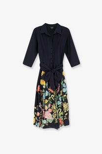 Lavi womens spritz cotton chemisier dress beige with black floral print tied waistband and three quarter sleeves