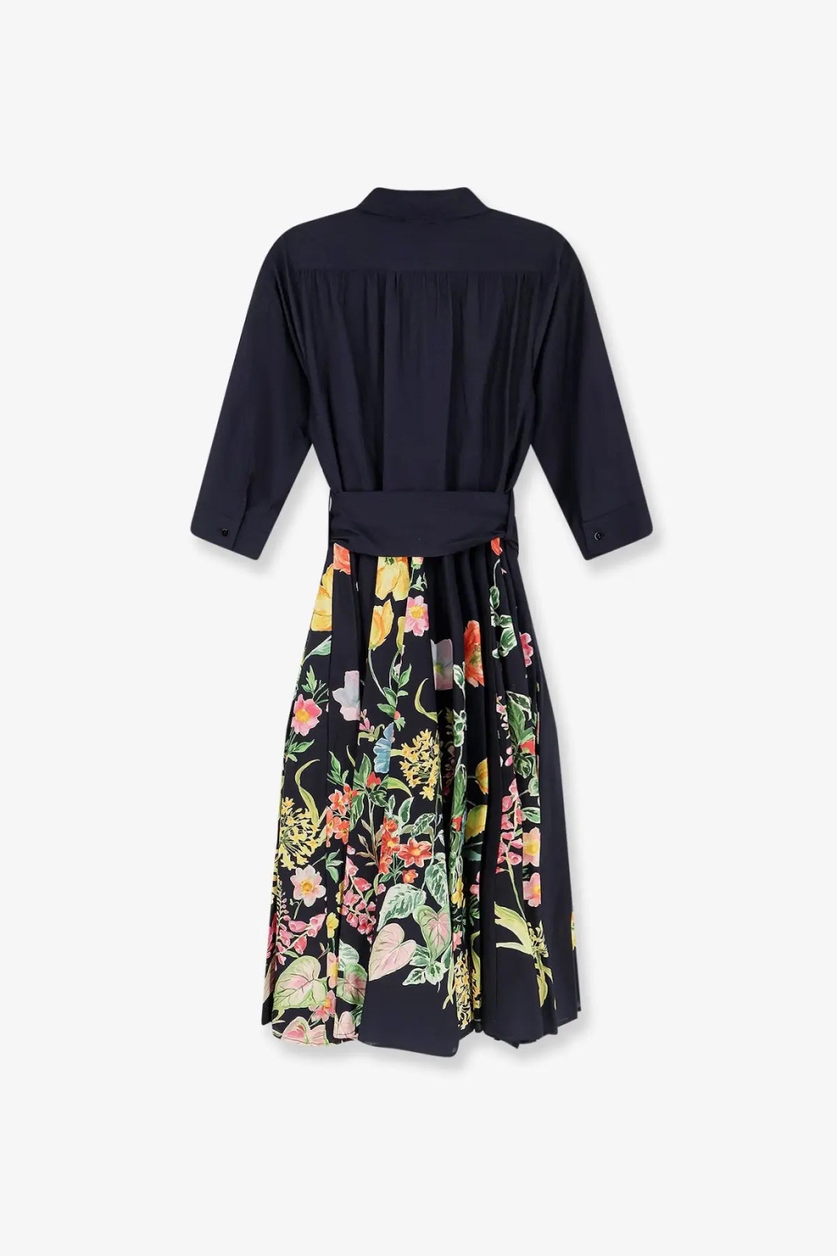Lavi women’s spritz cotton chemisier dress beige with navy blue floral pattern three quarter sleeves and matching belt