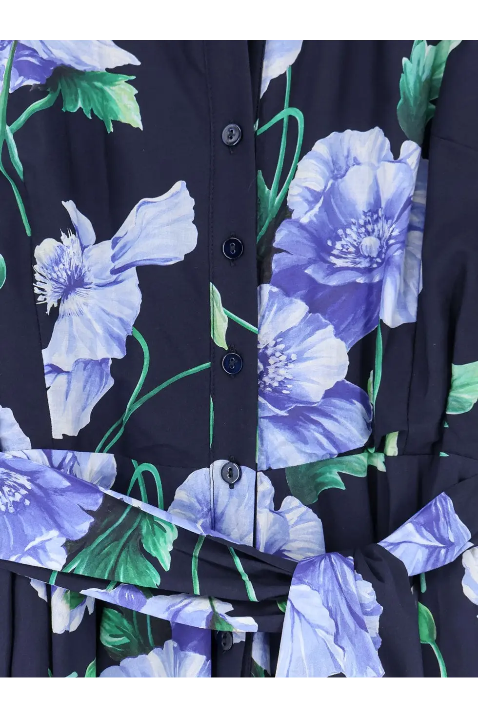 Lavi women’s spritz cotton chemisier dress blue featuring black button-up design with purple poppies and green vines floral pattern