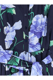 Lavi women’s spritz cotton chemisier dress blue featuring black button-up design with purple poppies and green vines floral pattern