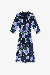 Lavi women’s spritz cotton chemisier dress in blue with navy floral print three quarter sleeves button front and belt