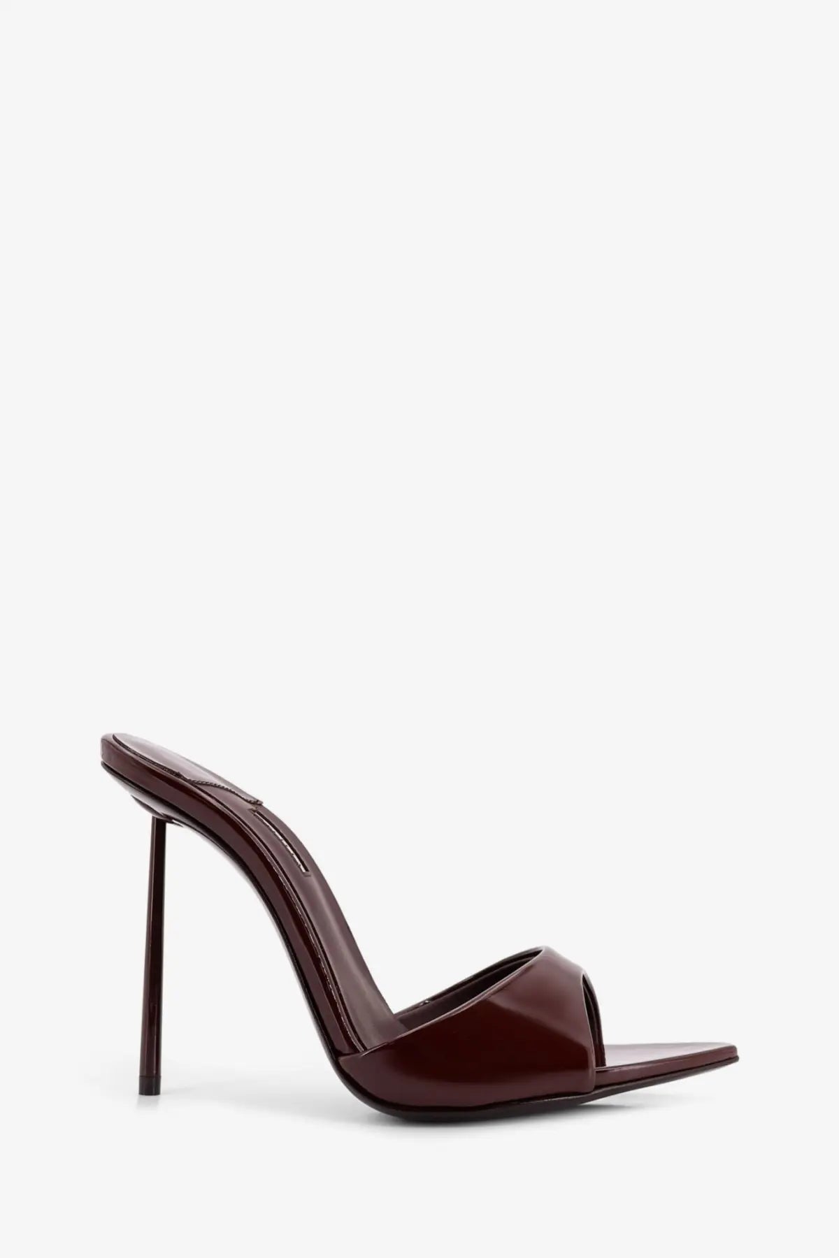 Le Silla women’s Bella brown patent leather mule sandal with slim high heel and open-toe design