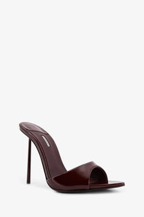 Le Silla women’s Bella patent leather mule sandal in burgundy with a slender high heel and minimalist design