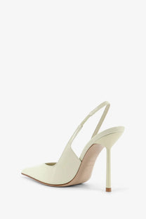 Cream-colored satin slingback pump with slender high heel and ankle strap from Le Silla Chanel Vivienne patent leather mocito collection