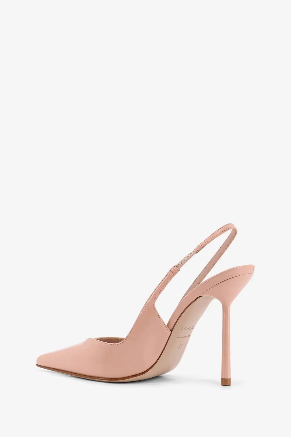 Le Silla women’s Chanel Vivienne beige patent leather pump with a sleek nude leather slingback and slender high heel