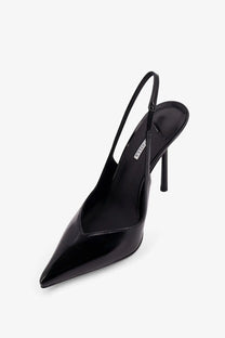 Le silla women’s chanel vivienne black patent leather slingback pump with pointed toe and slender high heel