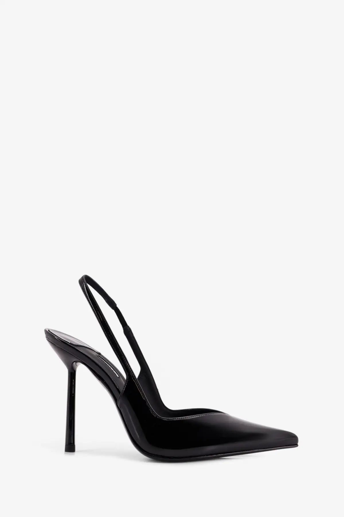 Le Silla women’s Chanel Vivienne black patent leather slingback pump with pointed toe and slender high heel