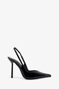 Le Silla women’s Chanel Vivienne black patent leather slingback pump with pointed toe and slender high heel